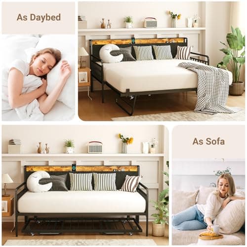 Heavy Duty Metal Twin Bed Frame with Pop Up Trundle for Living Room Bedroom Guest Room
| Twin Daybed with LED Lights Charging Station Upholstered Headboard Black
| Black Heavy Duty Metal Twin Bed Frame with Pop Up Trundle for Guest Room