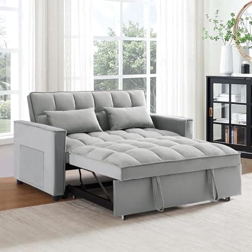 Antetek 3-in-1 Modern Velvet Sleeper Sofa Bed with Reclining Backrest and Pillows - Grey
