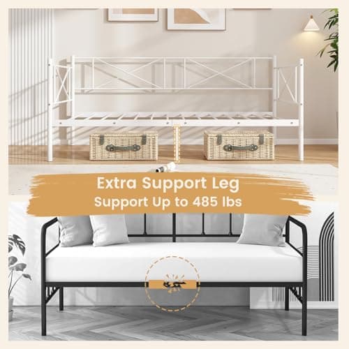 Giantex Twin Size Metal Daybed with Headboard & Slat Support (White)