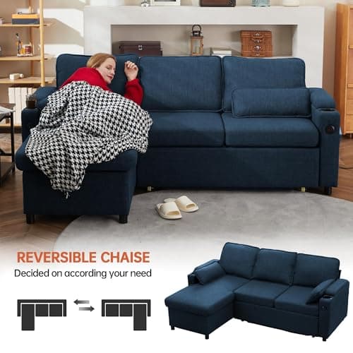 DURASPACE Blue Linen L-Shaped Sofa Bed with Storage Chaise