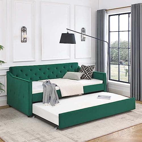 Antetek Beige Fabric Twin Daybed with Pull-Out Trundle & No Box Spring
