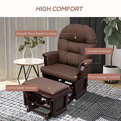 HOMCOM Brown Glider Rocking Chair with Ottoman and Padded Seat
