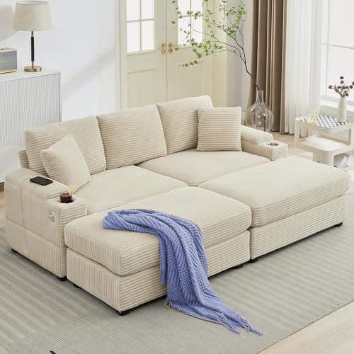 Oversized Grey Corduroy Chaise Lounge with Storage & 2 Pillows, 2 Ottomans, Cup Holder & USB Port