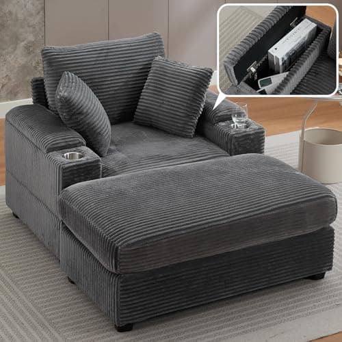 Oversized Grey Corduroy Chaise Lounge with Storage & 2 Pillows, 2 Ottomans, Cup Holder & USB Port