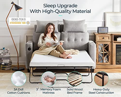 LINSY HOME Full Size Pull-Out Sofa Bed with USB Charging (Grey)