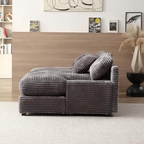 Oversized Grey Corduroy Chaise Lounge with 6 Pillows for Living Room and Bedroom