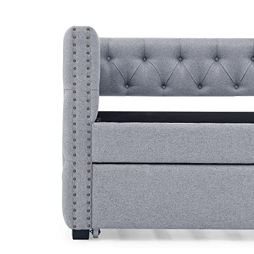Light Grey Linen Tufted Daybed with Trundle, Modern Frame