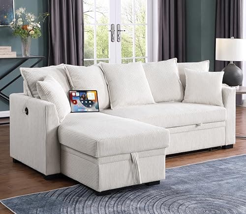 Eafurn Reversible Corduroy L-Shaped Sleeper Sectional With Chaise, USB Ports, Living Room Sofa Bed