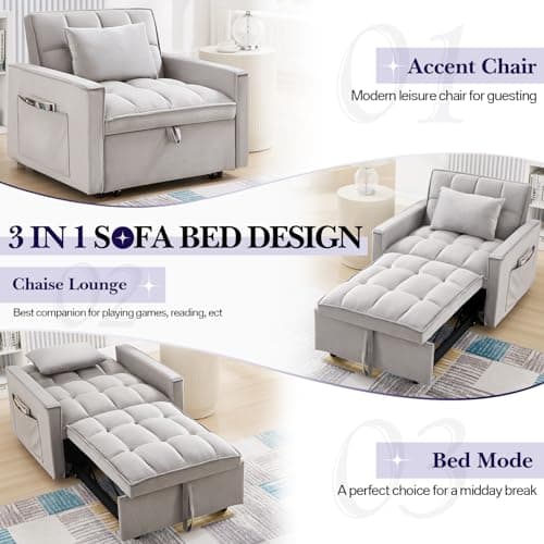 Grey Convertible Velvet Sleeper Sofa Chair Bed with Adjustable Backrest