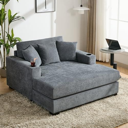 Modern 55" Oversized Chaise Lounger, Luxurious Chenille Fabric Single Sofa Chair with Pillows, Charge Station & Cup Holders for Living Room Apartment Offices (Blue Gray-55'')
