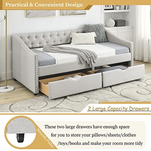 Beige Wood Twin Daybed with Storage & Button Design for Bedroom