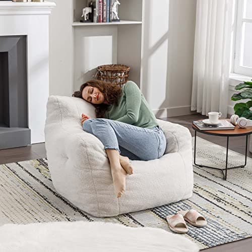 Modern Bean Bag Chairs for Adults & Kids in Ivory Fabric