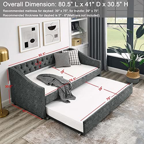 Antetek Grey Twin Size Daybed with Trundle and Modern Velvet Upholstery