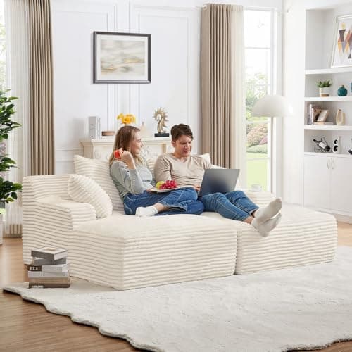 Oversized Chaise Lounge Chair, 50"W Corduroy Couch, Comfy Pillows, Modern Livingroom/Bedroom, White
