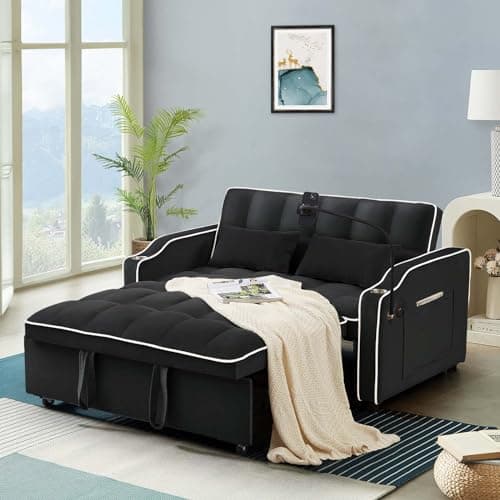 Modern 3-in-1 Sleeper Sofa with USB & Type C Ports, Adjustable Backrest, and Phone/Cup Holder for Living Room or Apartment, Blue Velvet