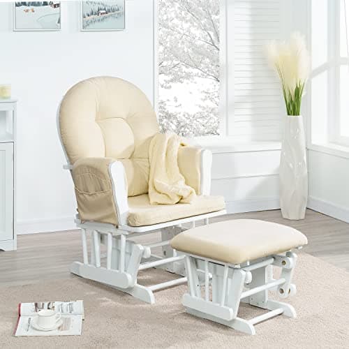 Nursery Glider & Ottoman Set, Reclining Rocker with Padded Arms - White, Dark Gray