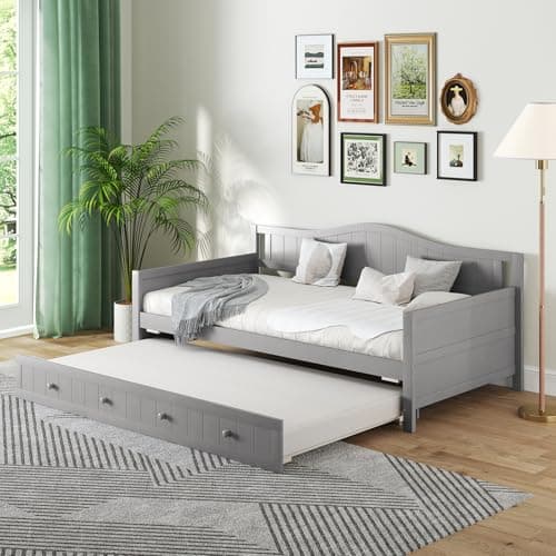 Giantex Twin Daybed with Trundle, Solid Wood Support, White Modern Bed