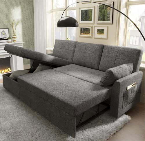 VanAcc 2 in 1 Sleeper Sofa Bed with Storage Chaise, Grey Linen