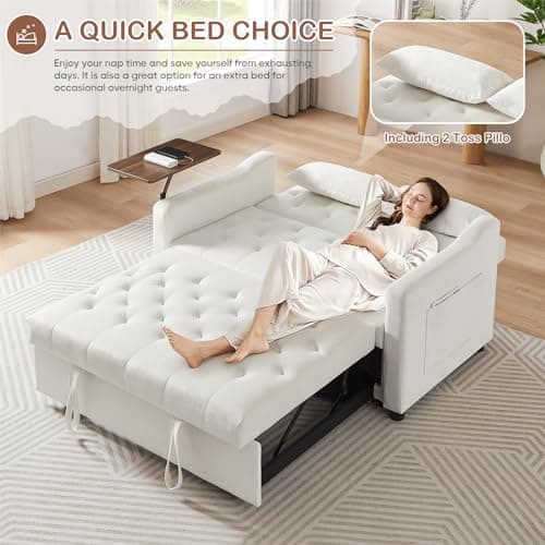 Antetek 3-in-1 Convertible Sofa Bed w/360° Rotating Side Table, Modern Velvet Sofa, White
