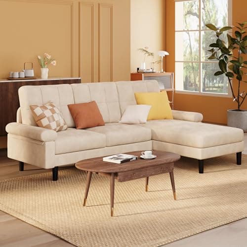 Beige 82" L Shaped Sectional Sofa, Soft Velvet, Modern living room couch