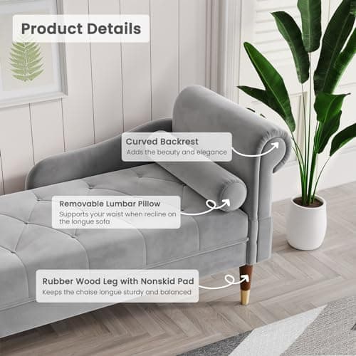 Vesgantti 59" Velvet Chaise Lounge, Right Armrest, Lumbar Pillow, Light Gray