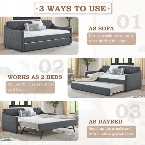 Dark Grey Linen Tufted Extendable Day Bed with Trundle & USB Ports