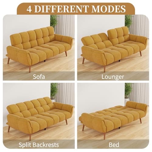 Modern Yellow Linen Futon Sofa Bed with Adjustable Backrests