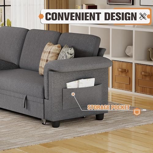 JUMMICO Grey Linen L-Shaped Sleeper Sofa with Storage