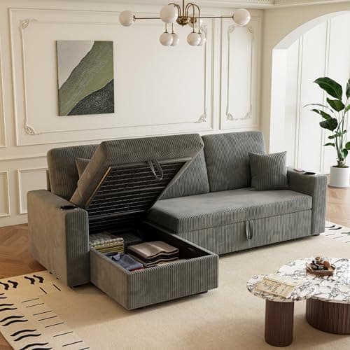 Reversible Storage Chaise Sleeper Sofa, 83.5" L-Shaped with Cup Holders & USB, Grey Corduroy