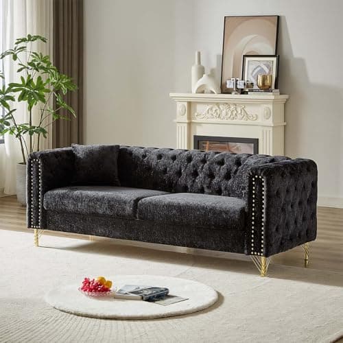 Antetek 82" Copper Nail Metal Leg Chenille Sofa Couch, Black