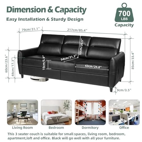 Mid Century Modern 85" Black Leather Sofa with USB Charging Ports