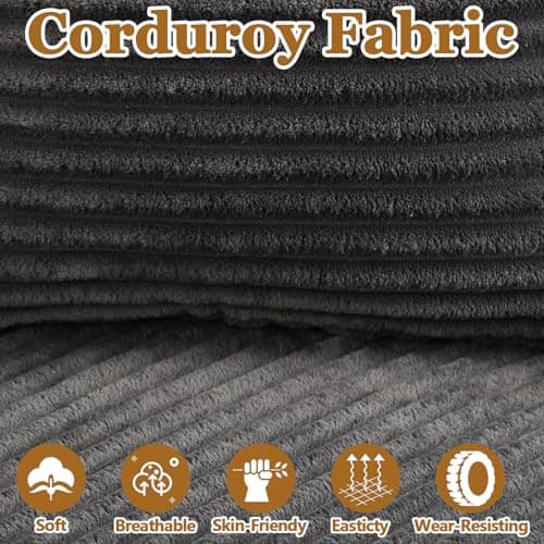 Oversized Grey Corduroy Chaise Lounge with Storage & 2 Pillows, 2 Ottomans, Cup Holder & USB Port