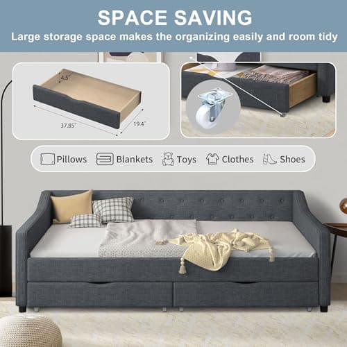 Linen Upholstered Ball & Cast Daybed, Dark Grey, 2 Storage Drawers