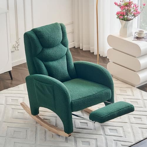 FOXHUNTER Modern Glider Chair with Footrest & Solid Wood Legs, High Backrest & Side Pocket, Teddy Ivory
