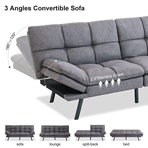 Maxspeed Memory Foam Futon Sofa Bed, Grey Convertible Loveseat