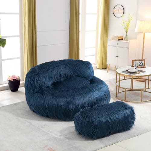 Modern Fluffy Beanbag Chair with Ottoman for Adults and Kids, Black