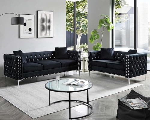 Modern Velvet Sofa Couch, 82 Inch Upholstered 3 Seater with Crystal Buttons and Pillows for Living Room, Apartment, Office - Black