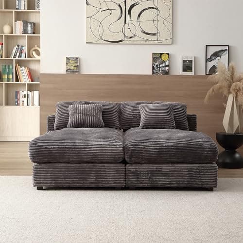 Oversized Grey Corduroy Chaise Lounge with 6 Pillows for Living Room and Bedroom