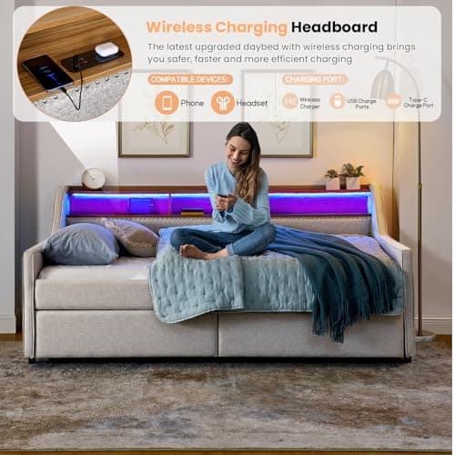 Antetek Beige Upholstered Linen Daybed with Storage & Wireless Charger