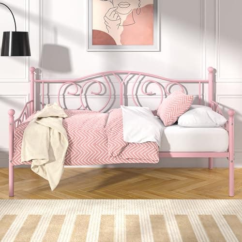 VECELO Pink Twin Multifunctional Metal Daybed Mattress Frame