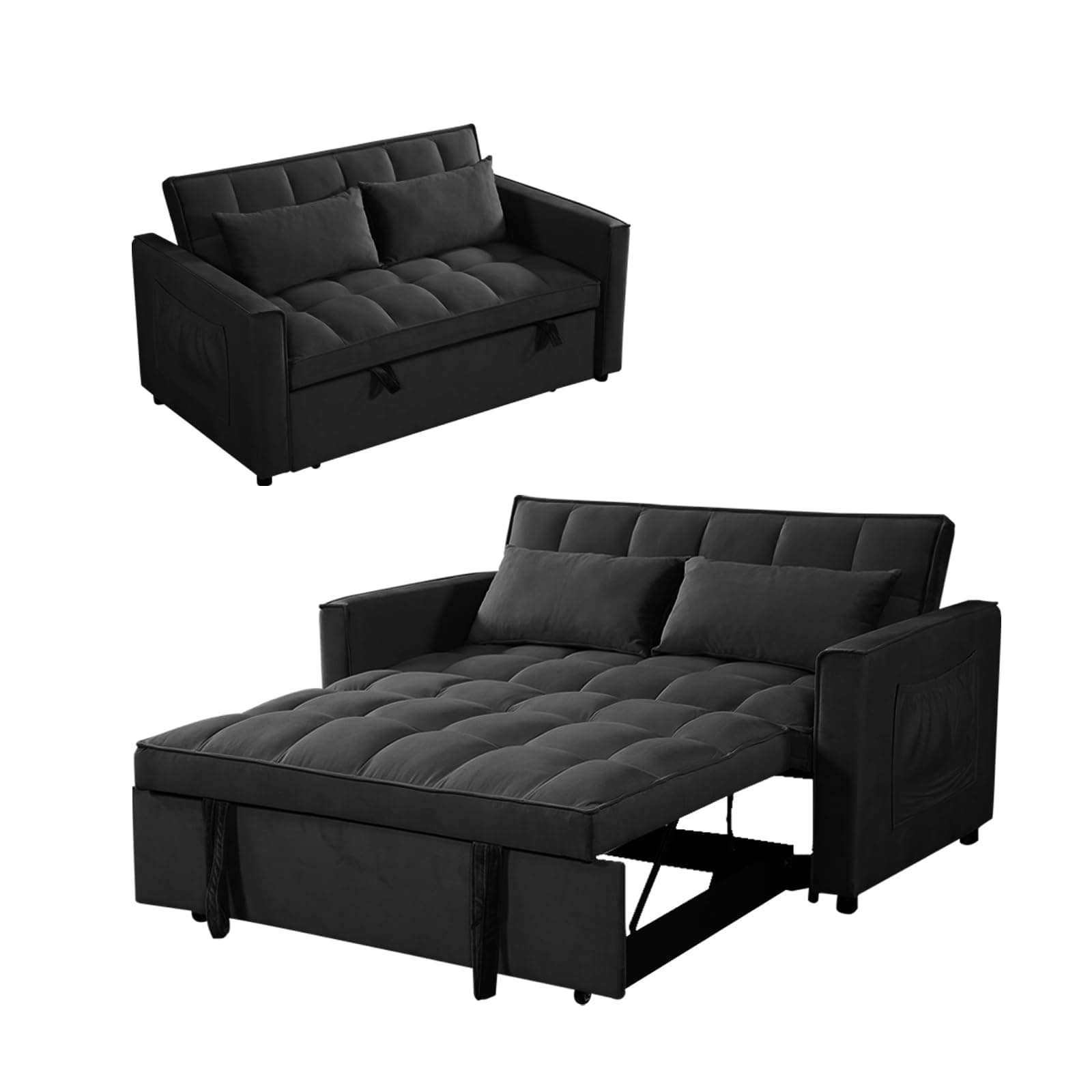 Black Velvet 3-in-1 Couch Bed with Adjustable Backrest