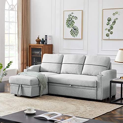 Eafurn Reversible Corduroy L-Shaped Sleeper Sectional With Chaise, USB Ports, Living Room Sofa Bed