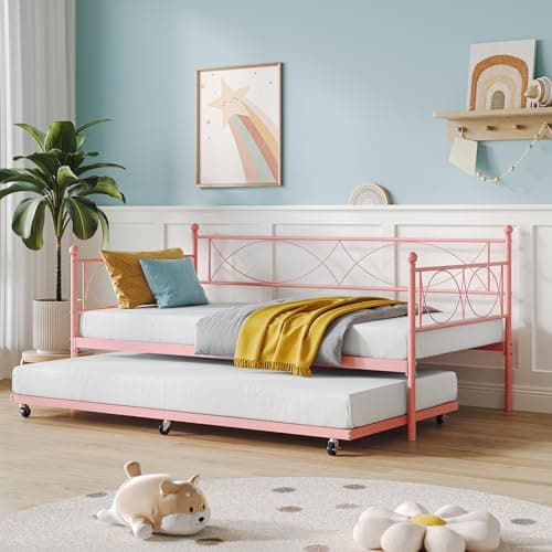 IDEALHOUSE Metal Twin Daybed with Trundle, Multi-Functional Bedroom and Living Room Sofa Bed
