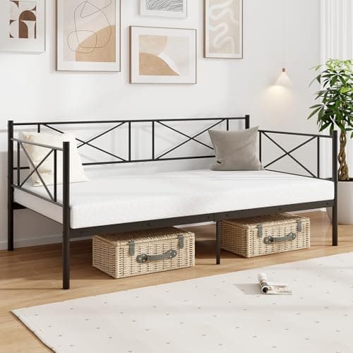 Giantex Twin Size Metal Daybed with Headboard & Slat Support (White)