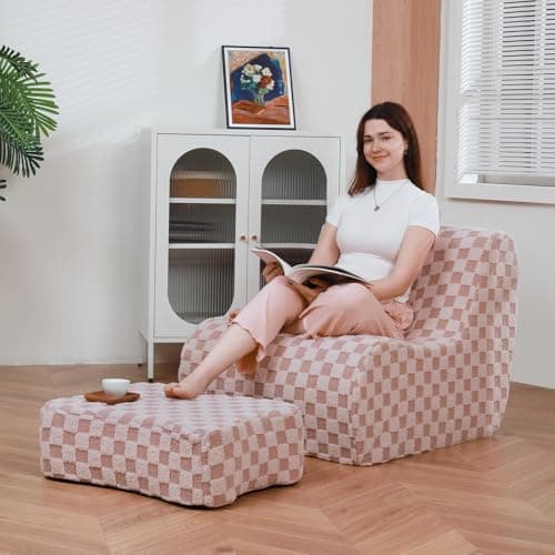 Cement Gray Bean Bag Chair with Footstool, Modern Lazy Sofa for Adults