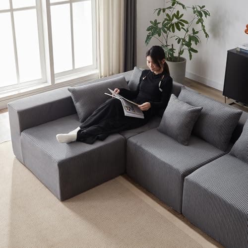 Modern Grey L-Shaped Cloud Flannel Sectional Couch, 4-Seater Modular Lounge