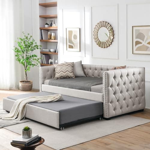 Antetek Grey Fabric Button-Tufted Twin Daybed with Trundle Sofa