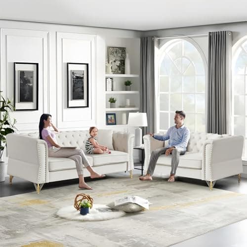 Modern Beige Button Tufted Velvet Couch Set 81" Sofa + 60" Loveseat