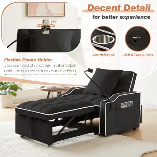 Modern Velvet Sleeper Sofa Bed with Charging Ports, Black