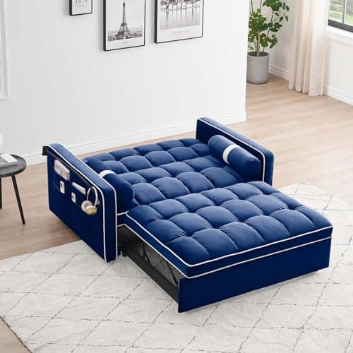 Antetek 3-in-1 Sleeper Sofa with Phone Holder, Blue Velvet Backrest